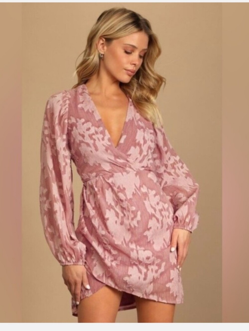 Lulus Meant to Shine Mauve Floral Jacquard Long Sleeve Mini Dress Textured Fairy